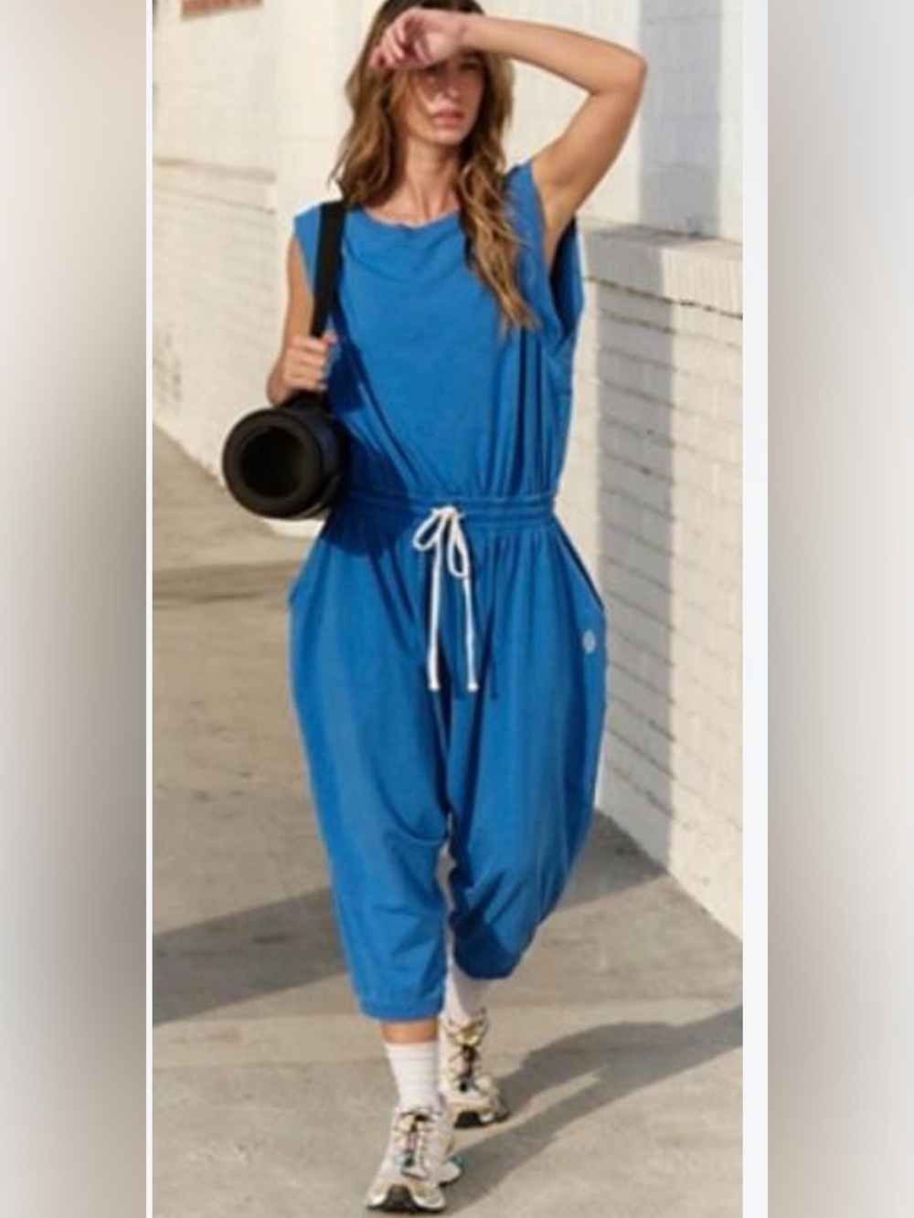 New Free People Movement Hot Shot
Harem Onesie Blue Sleeveless Drawstrin